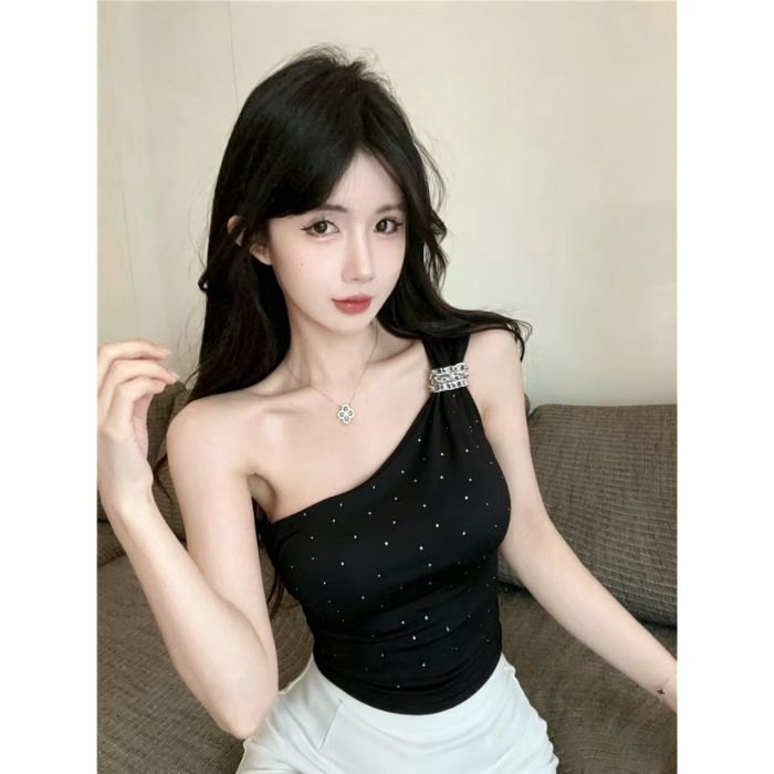 💕chic韓系性感斜肩燙鑽抹胸背心無袖上衣