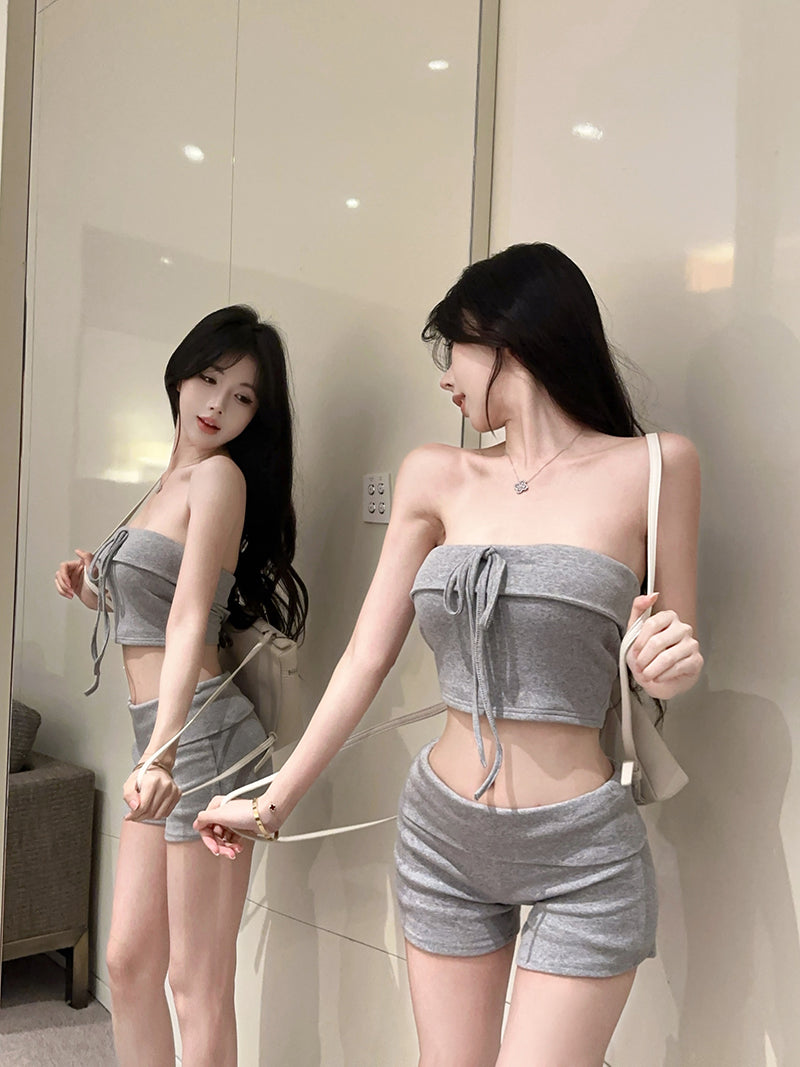 💕純欲修身短款抹胸上衣+運動短褲