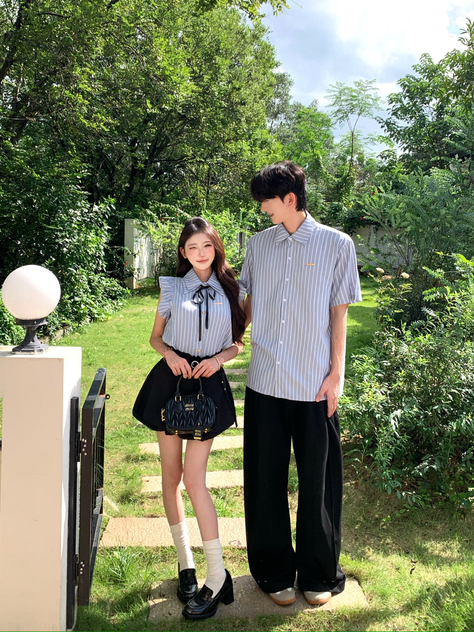💕韓系藍色條紋小飛袖襯衫花苞短褲情侶套裝