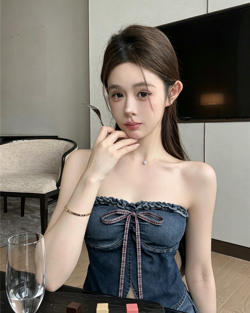 💕不規則蝴蝶結牛仔一字肩抹胸上衣