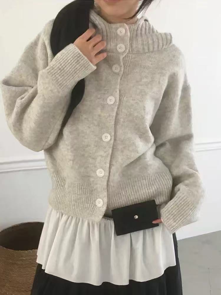 💕韓系軟糯慵懶復古扣連帽針織開衫