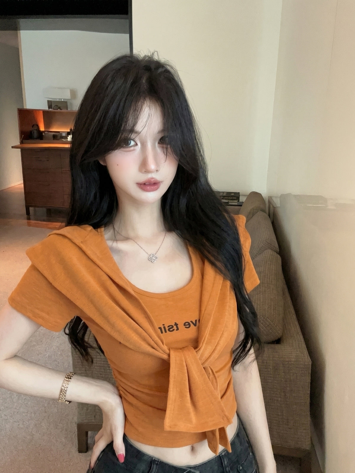 💕夏季時尚百搭圓領連帽披肩兩件套