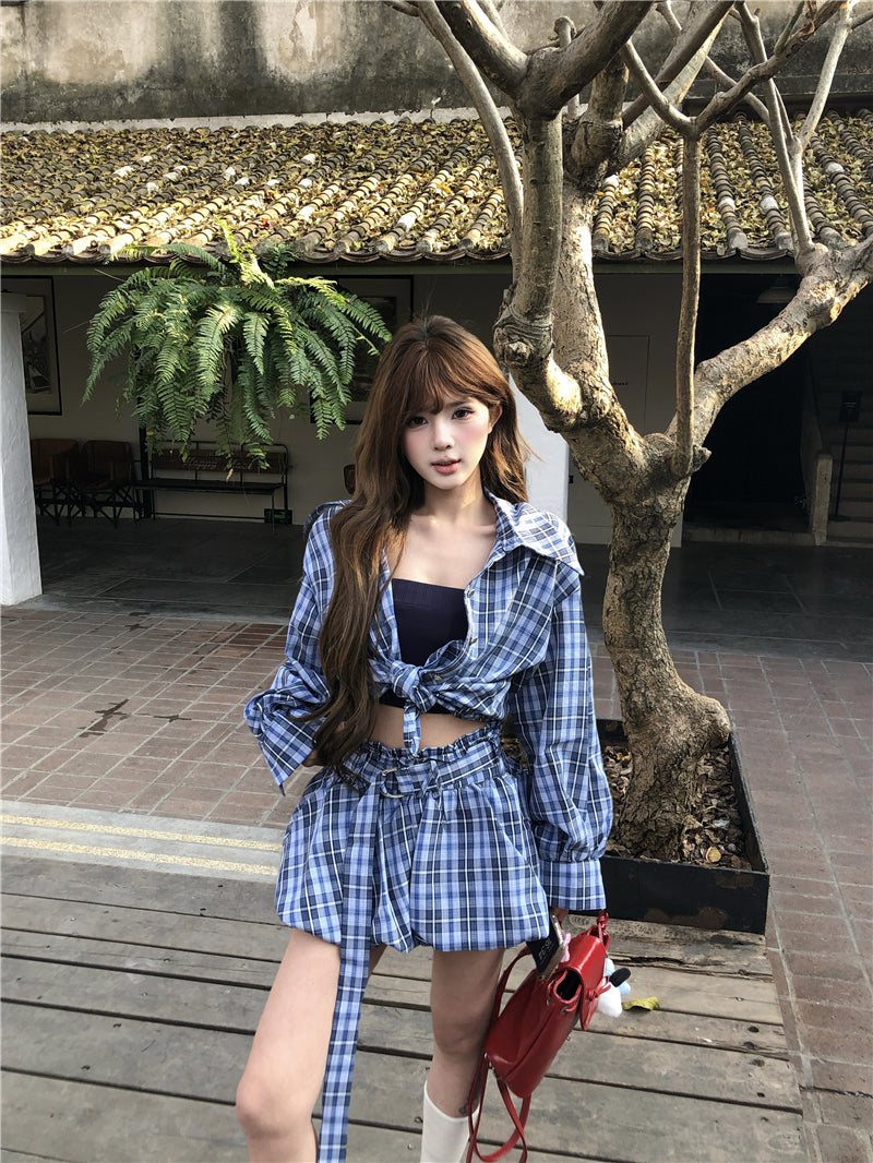 💕藍調風復古格紋襯衫短款褲裙兩件套