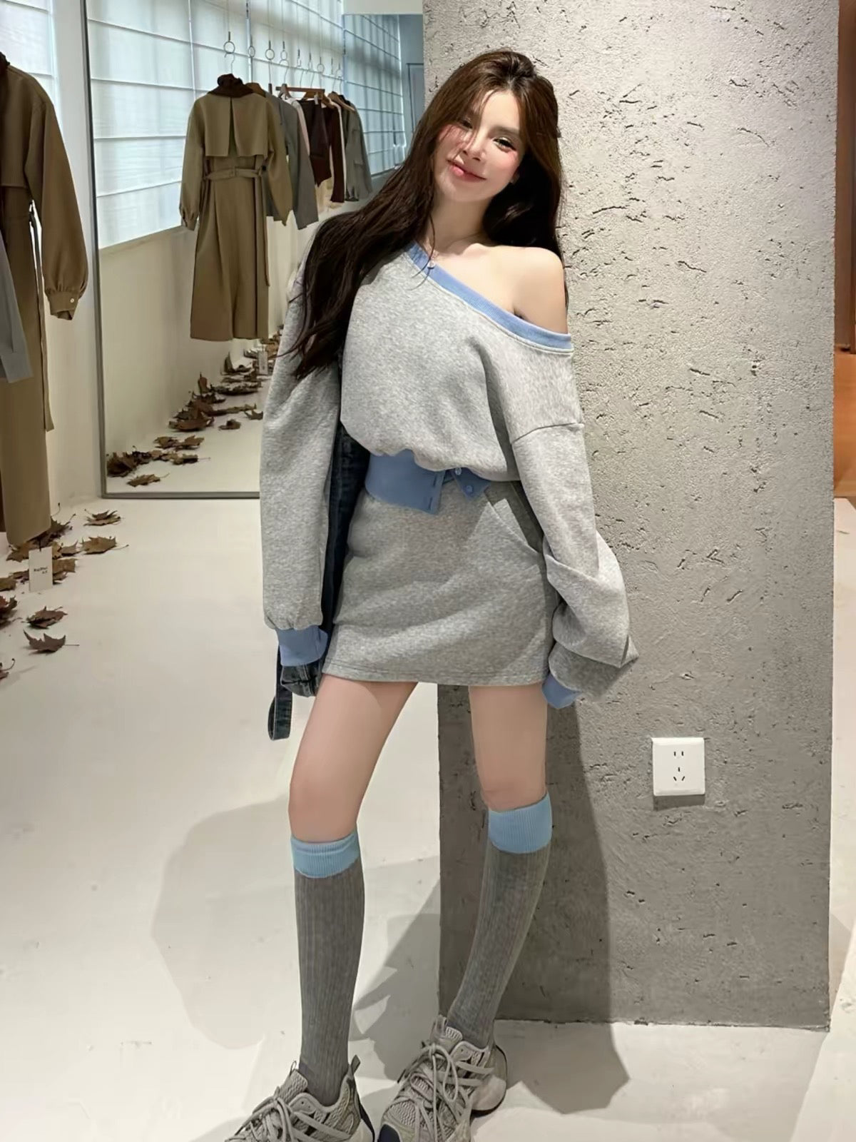 💕韓系辣妹露肩衛衣包臀短裙休閒套裝
