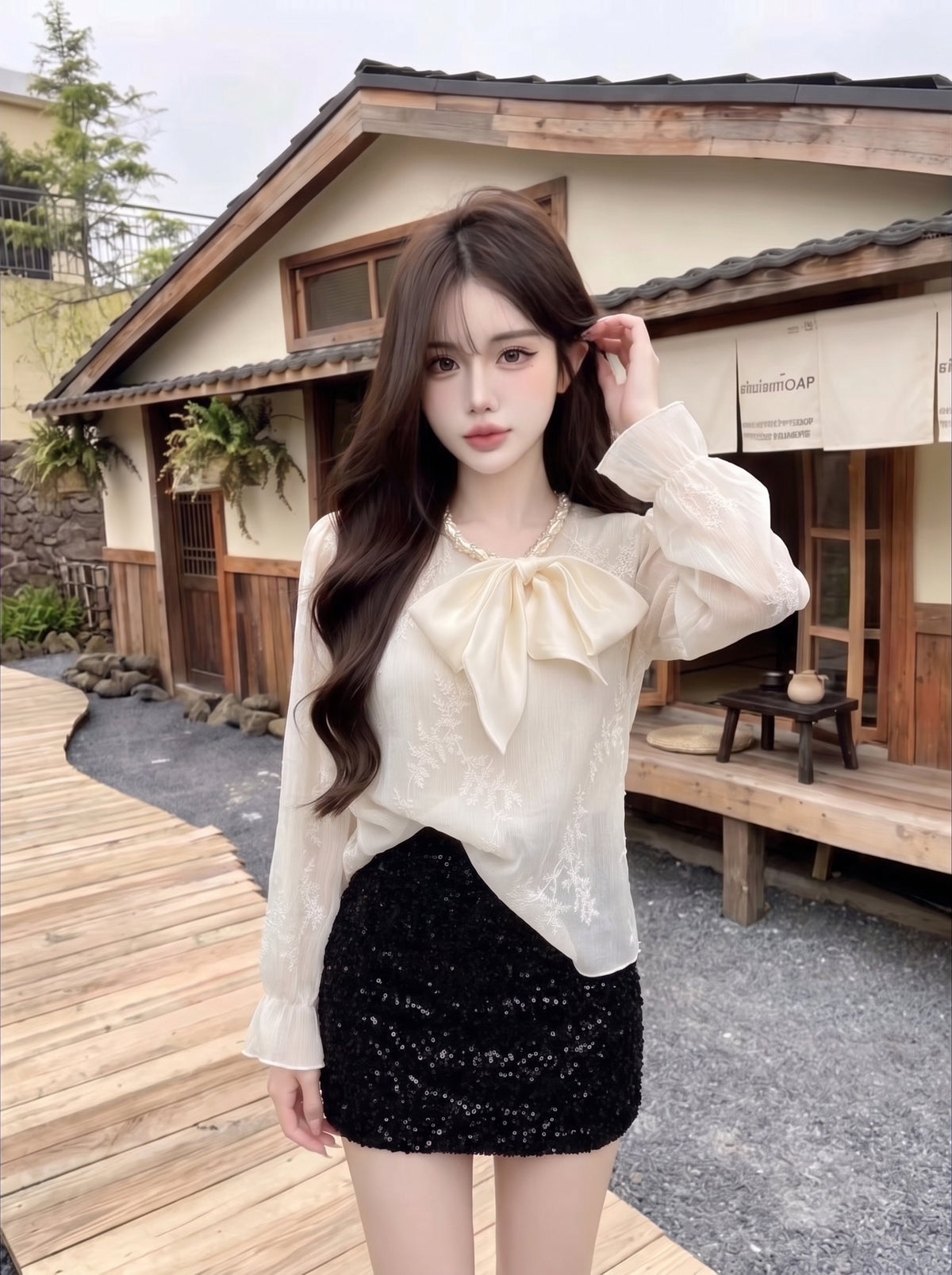 💕法式溫柔蝴蝶結長袖襯衫杏色上衣