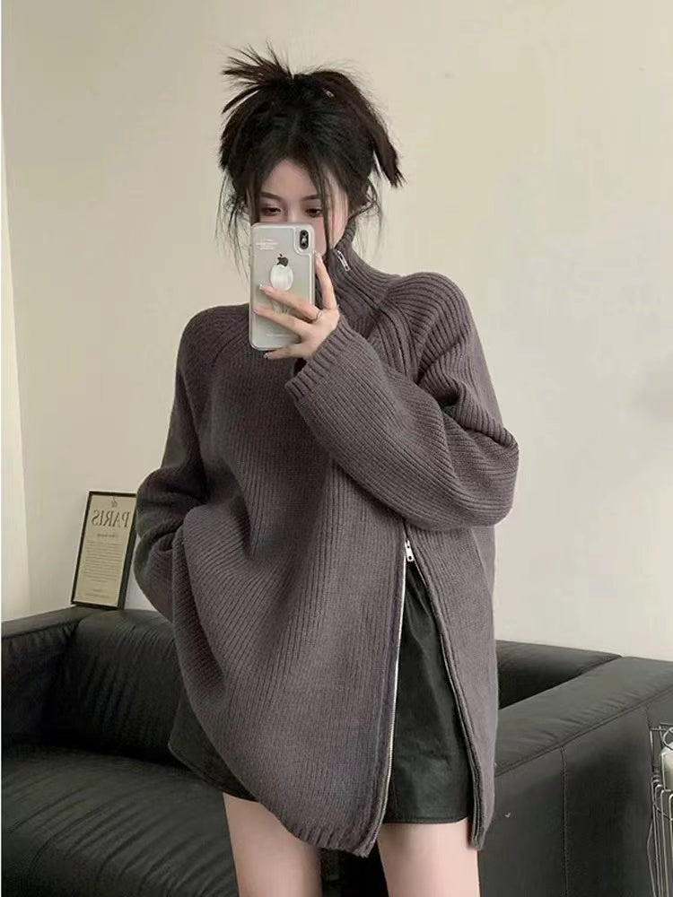 💕側邊拉鍊設計感高領慵懶中長毛衣