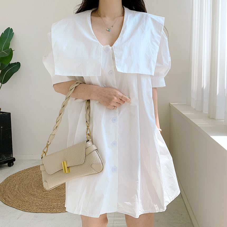 💕夏季甜美減齡單排釦娃娃襯衫連衣裙