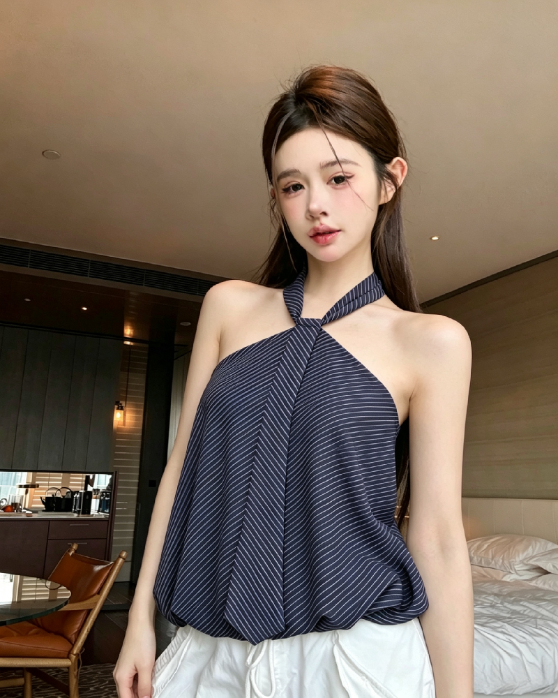 💕氣質掛脖黑白條紋抹胸花苞無袖上衣