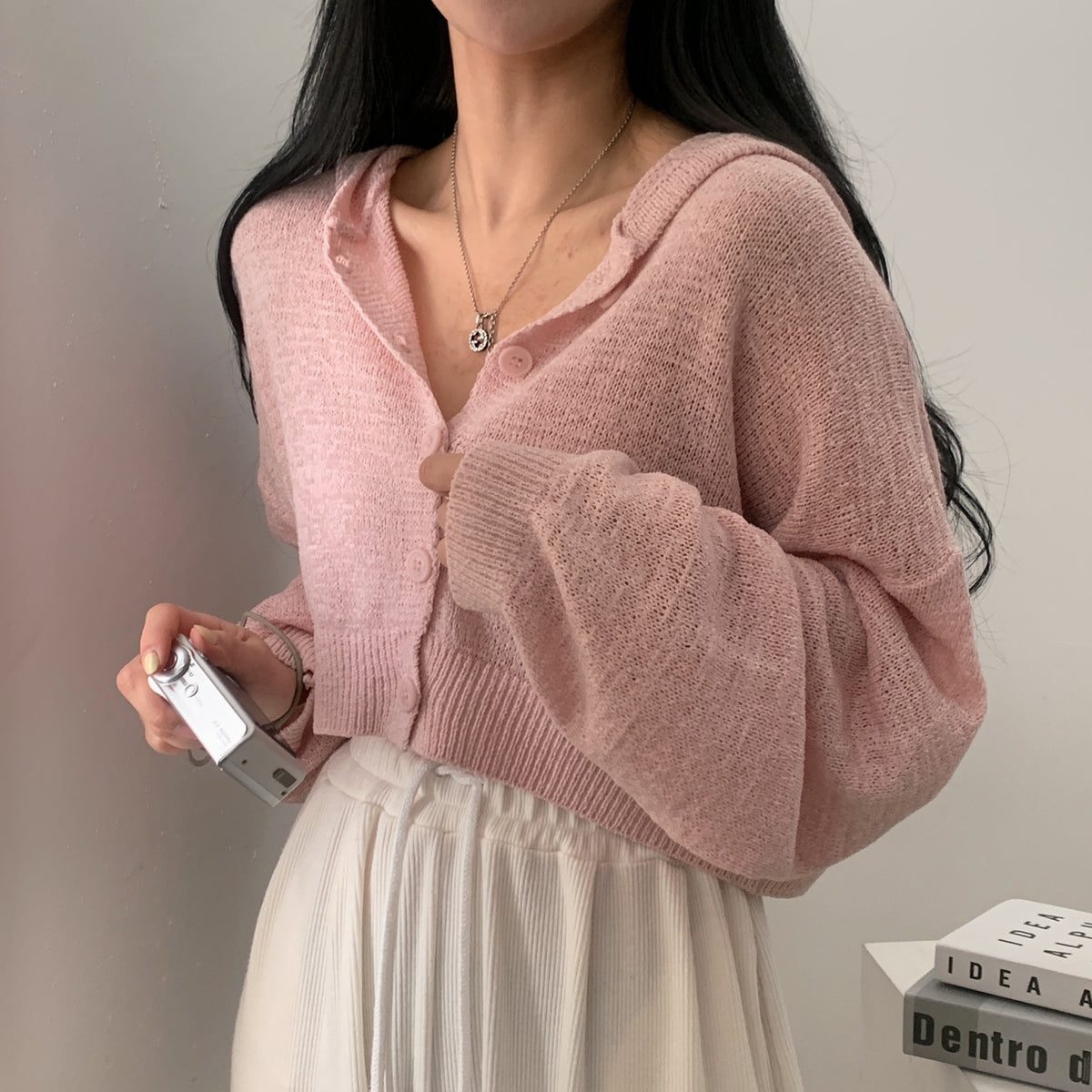 💕韓系慵懶冰絲薄款短燈籠袖連帽針織外套
