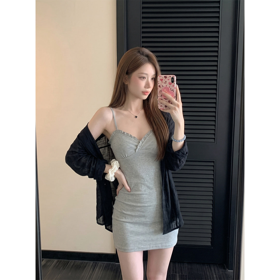 💕純御風灰色木耳邊吊帶連衣短裙