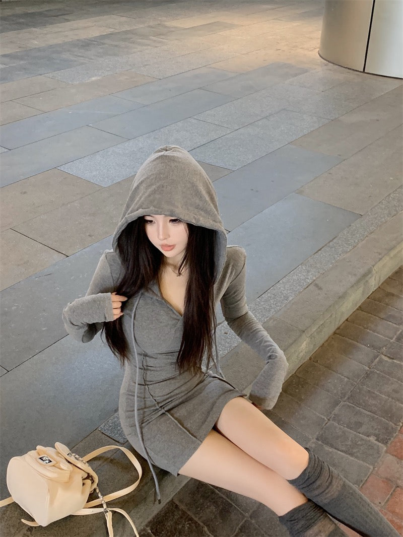 💕秋款連帽長袖收腰緊身包臀裙