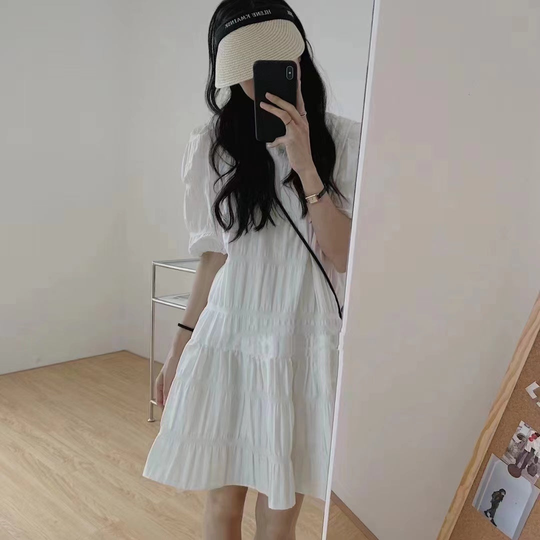 💕慵懶氣質小眾褶皺泡泡袖法式連衣裙