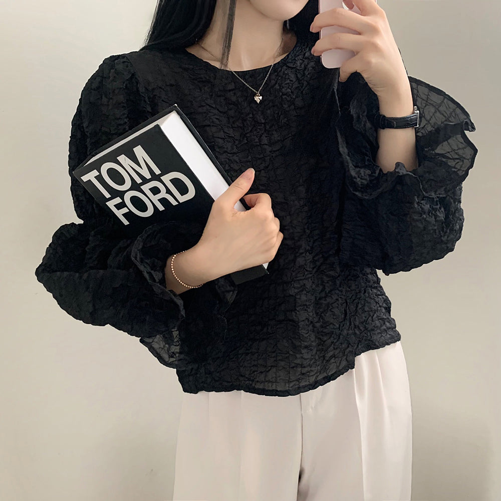 💕溫柔chic韓系泡泡皺褶圓領燈籠袖襯衫