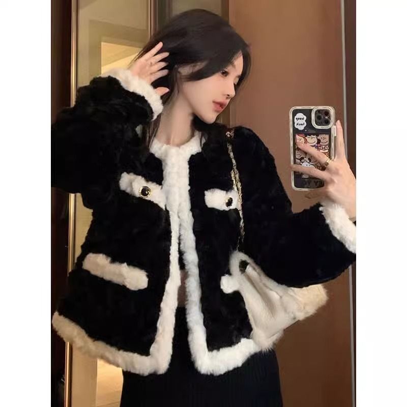 💕韓系毛茸茸黑色羊羔毛絨外套