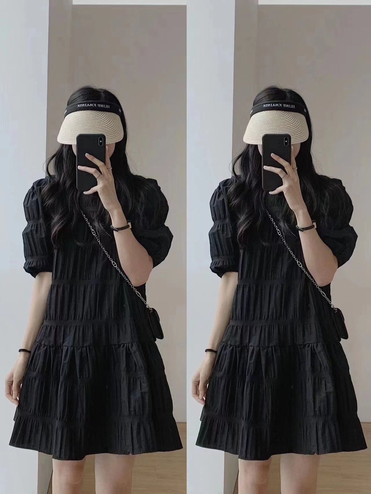 💕慵懶氣質小眾褶皺泡泡袖法式連衣裙