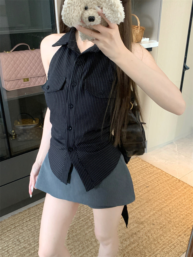 💕法式條紋露背收腰無袖上衣