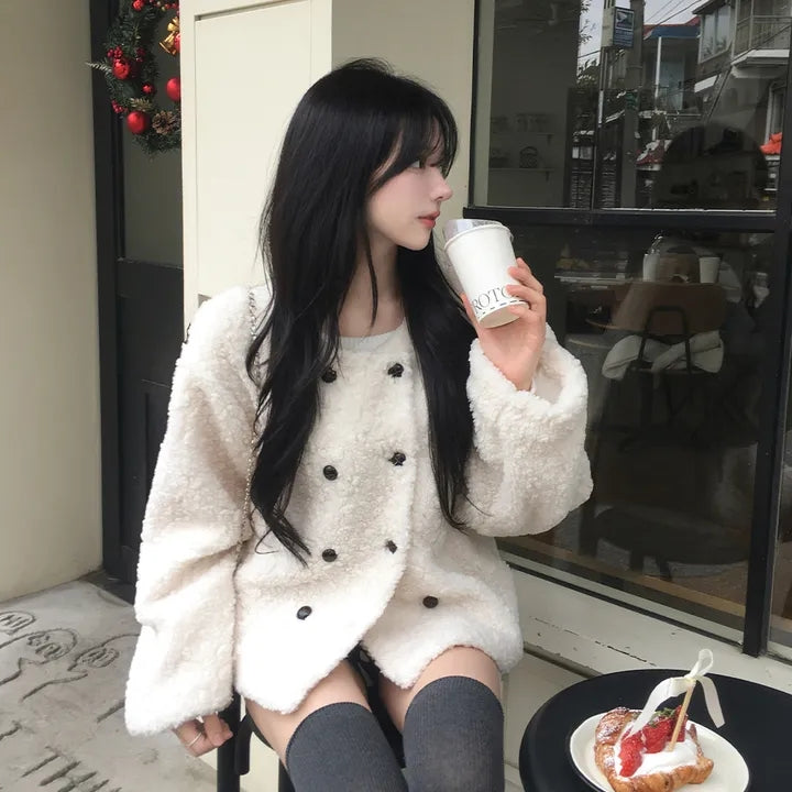 💕chic韓系高級雙排釦羊羔毛外套