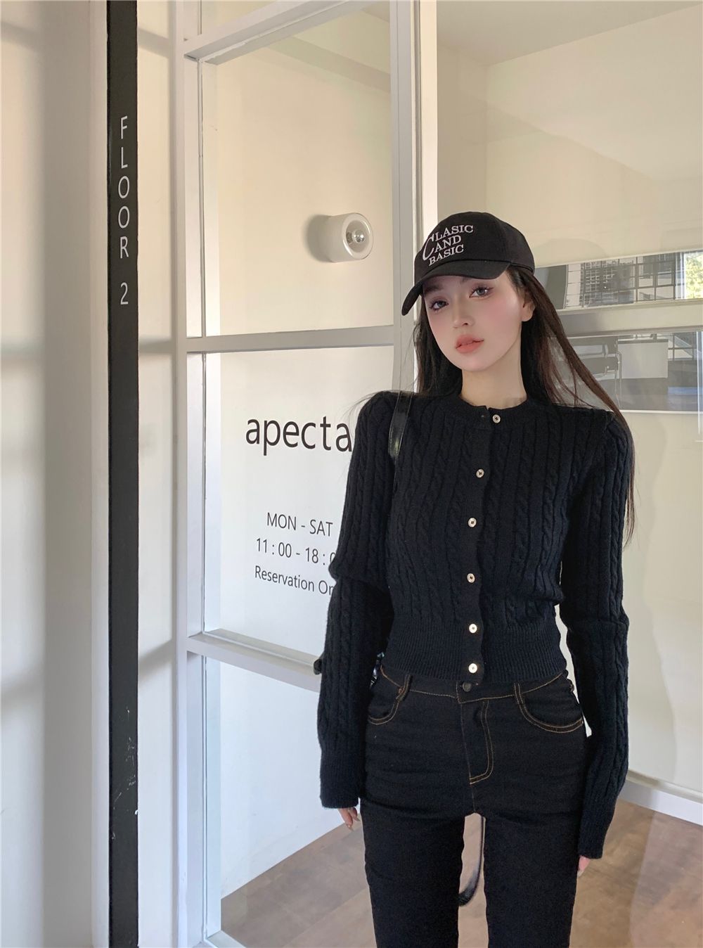 💕簡約休閒黑色短款麻花針織長袖上衣