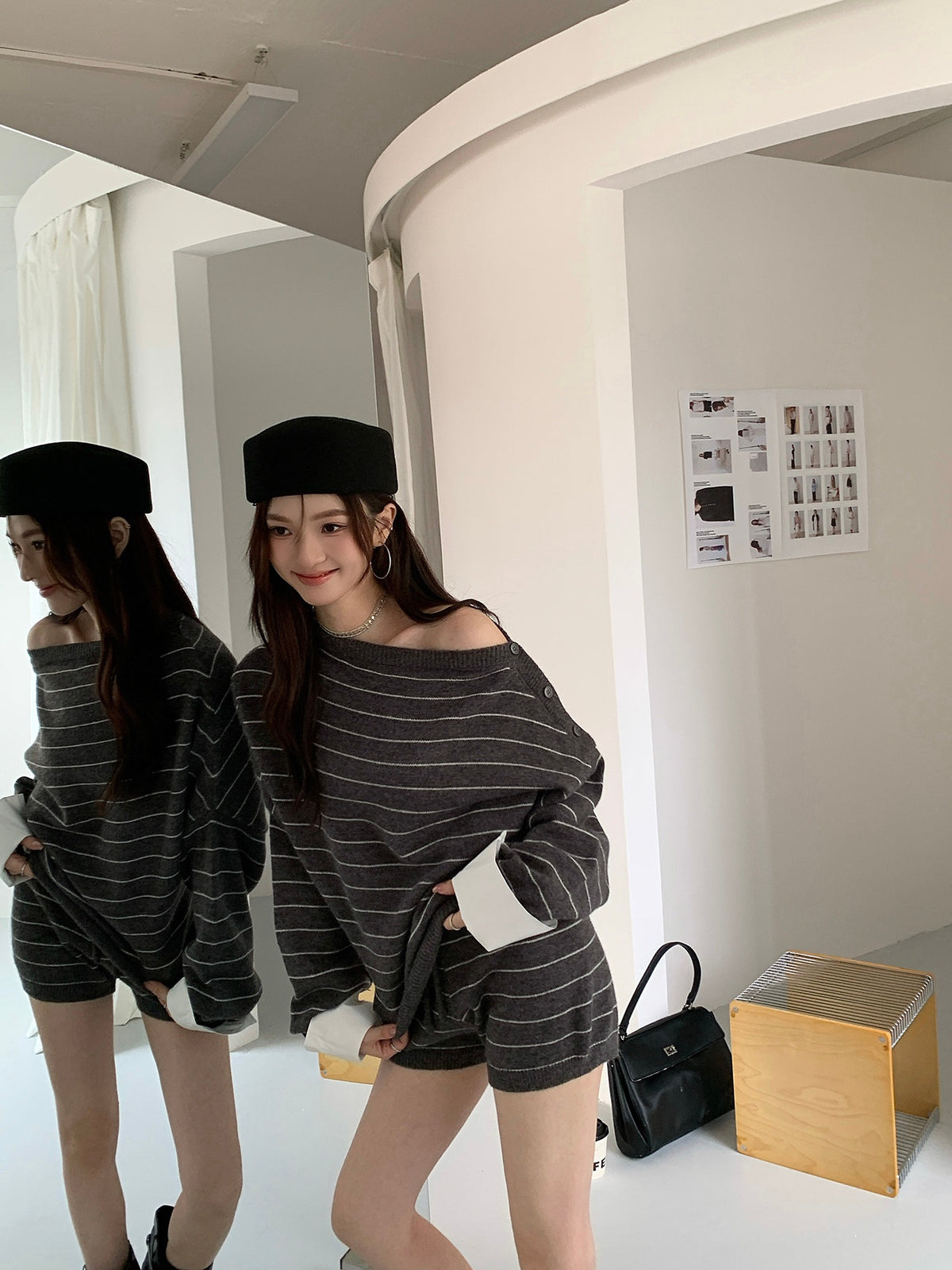 💕韓系斜肩針織寬鬆慵懶風兩件套