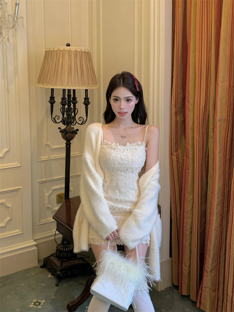 💕溫柔秋冬慵懶風修身蕾絲吊帶裙開衫兩件套