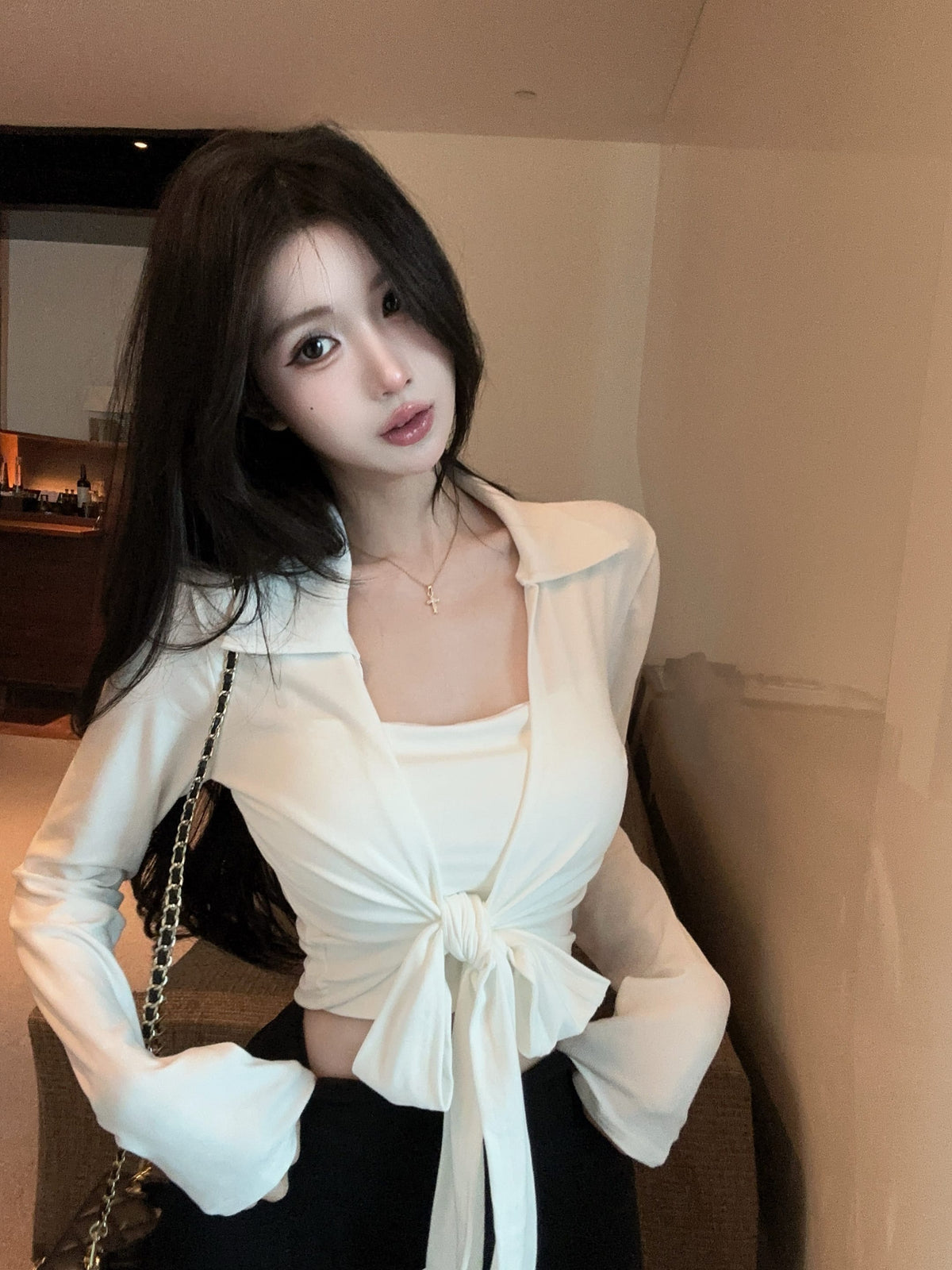 💕綁帶胸墊長袖翻領開衫吊帶兩件套