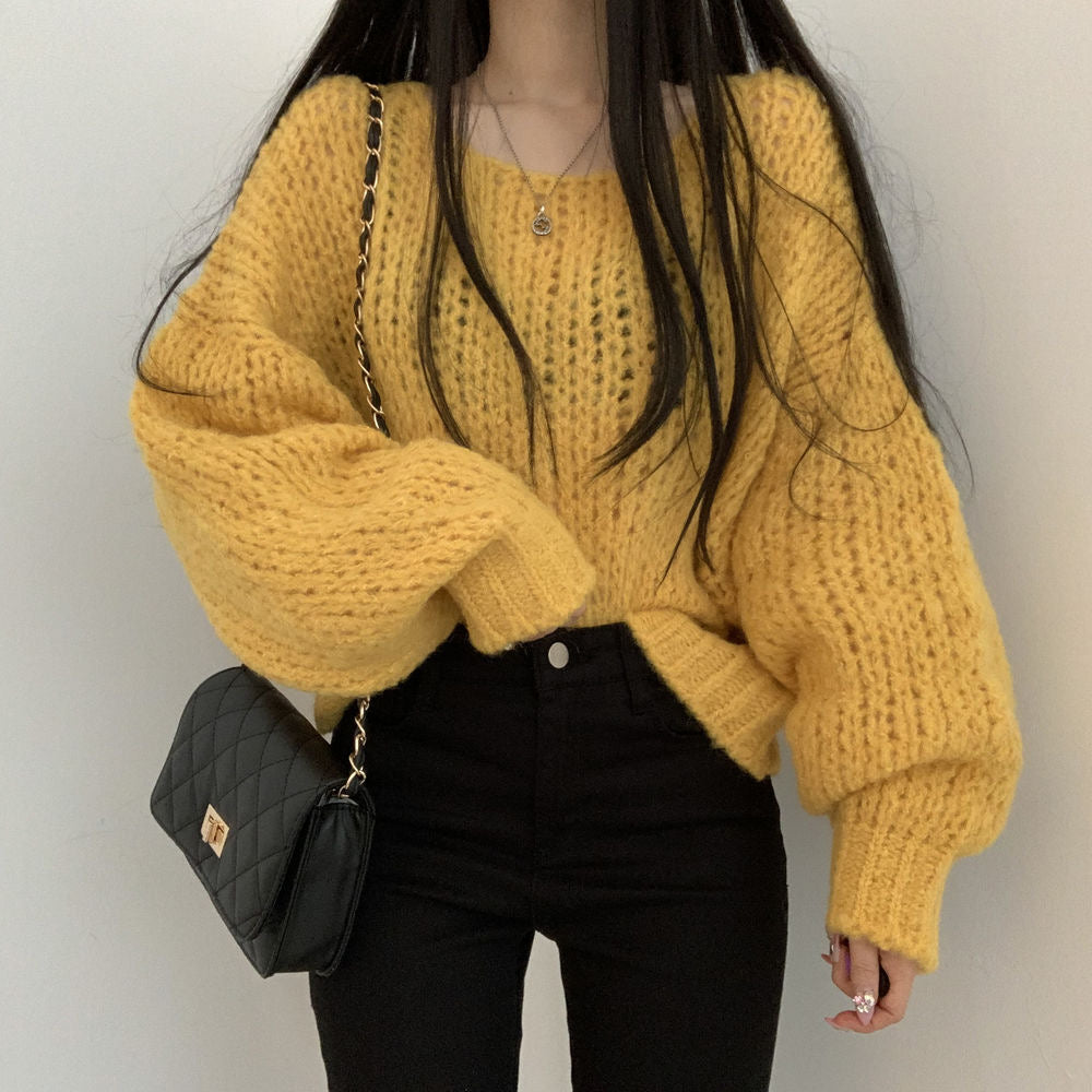 💕韓系chic春秋百搭寬鬆燈籠袖針織上衣