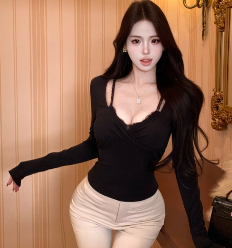 💕辣妹蕾絲拼接假兩件長袖上衣