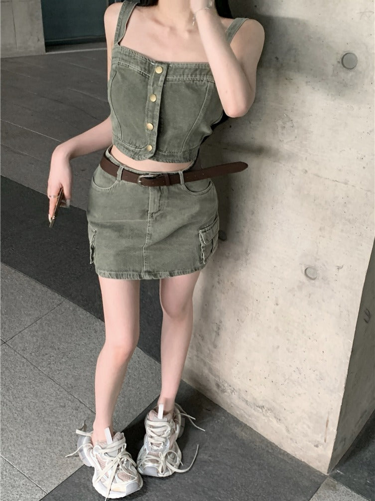 💕辣妹復古吊帶背心上衣配高腰半身裙牛仔套裝