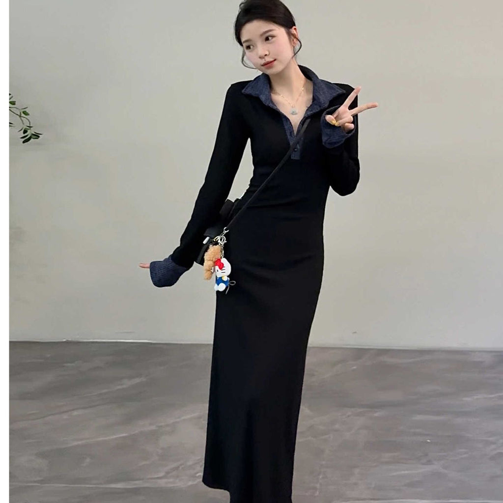 💕復古溫柔polo領黑色拼接針織連衣裙