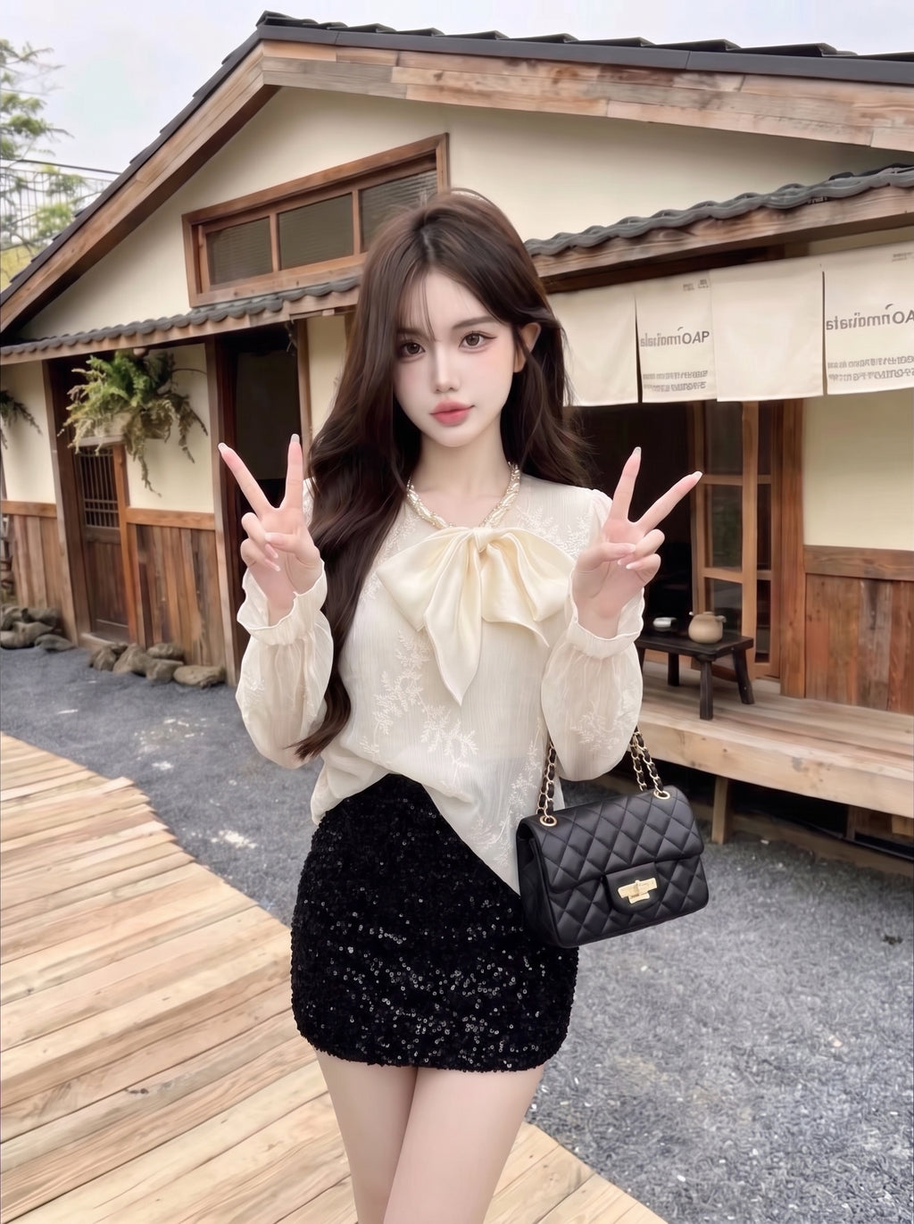 💕法式溫柔蝴蝶結長袖襯衫杏色上衣