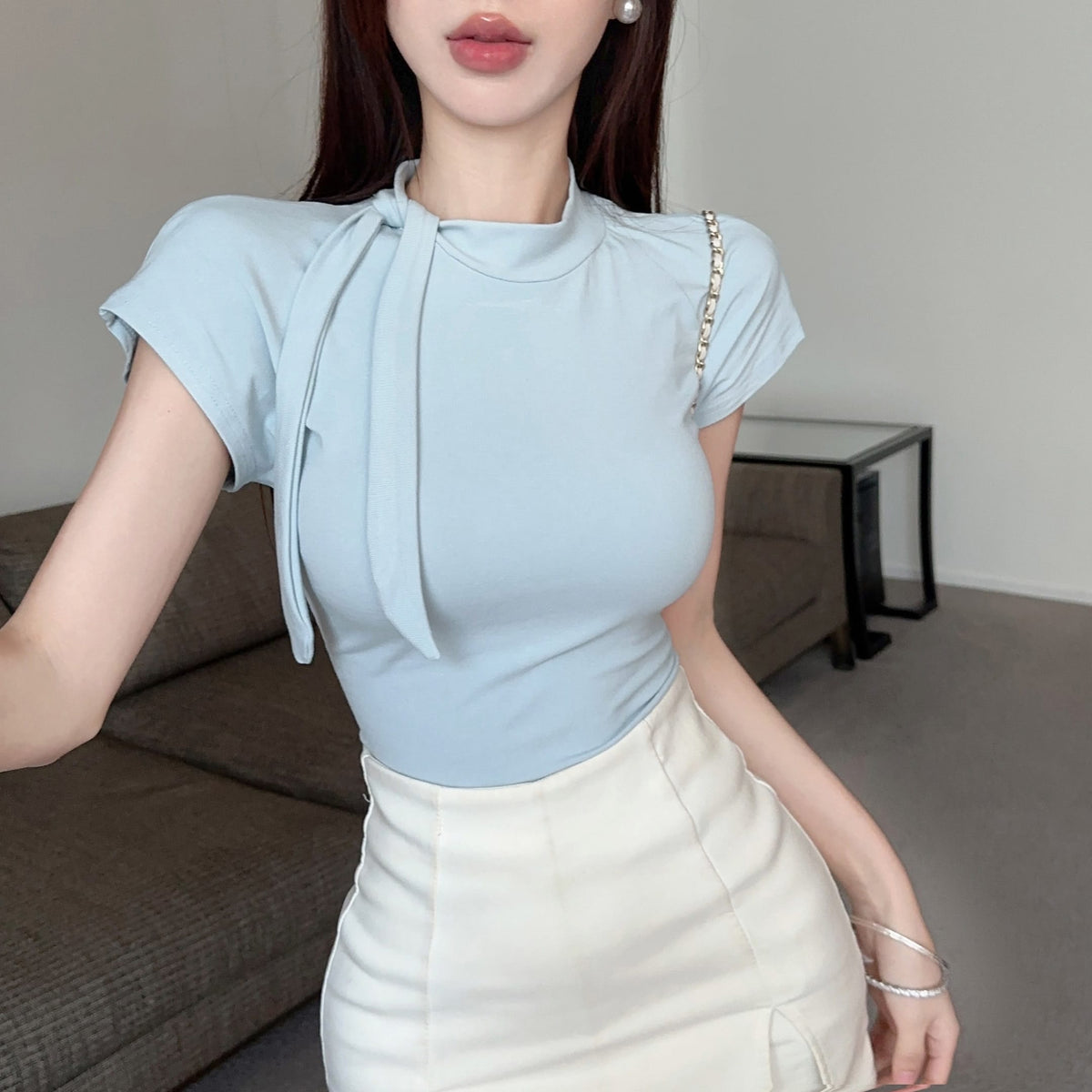 💕夏季設計款系帶圍巾領T袖上衣