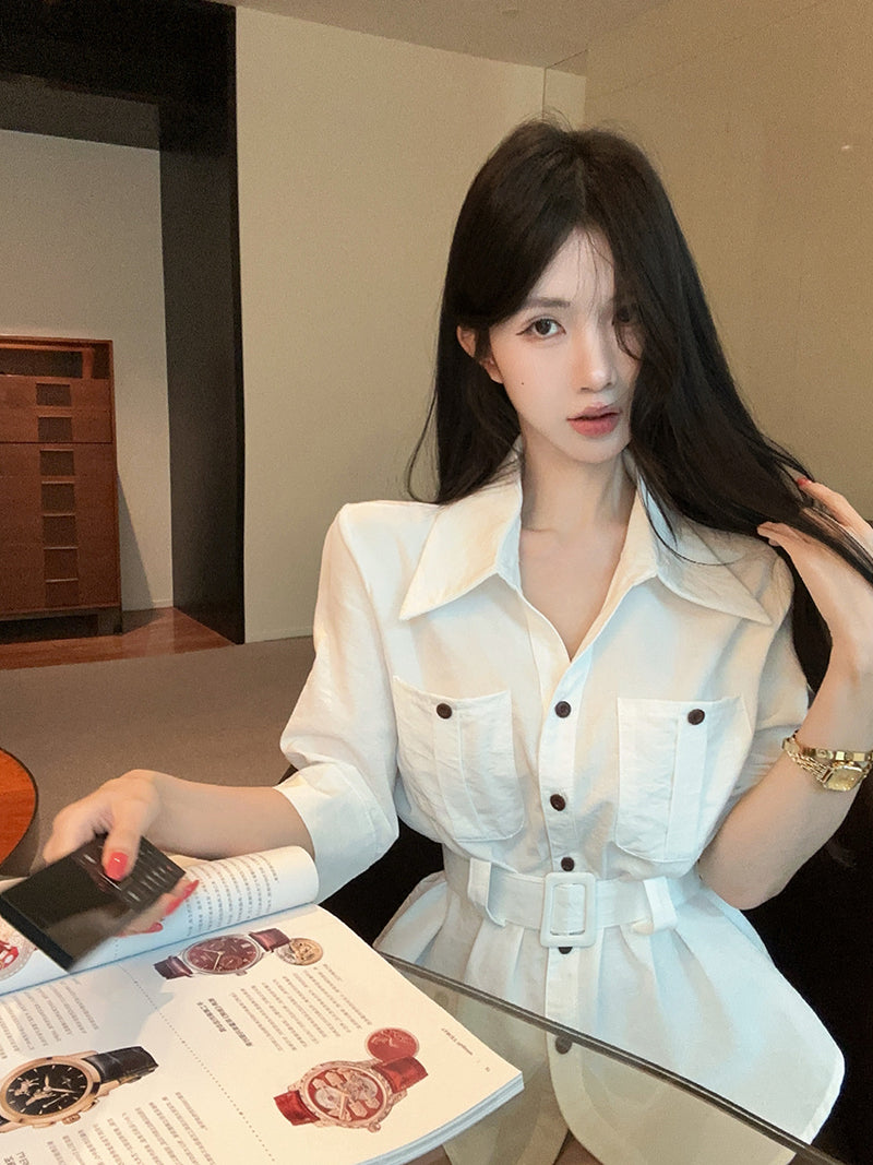 💕港風時尚polo領多口袋七分袖襯衫+腰帶