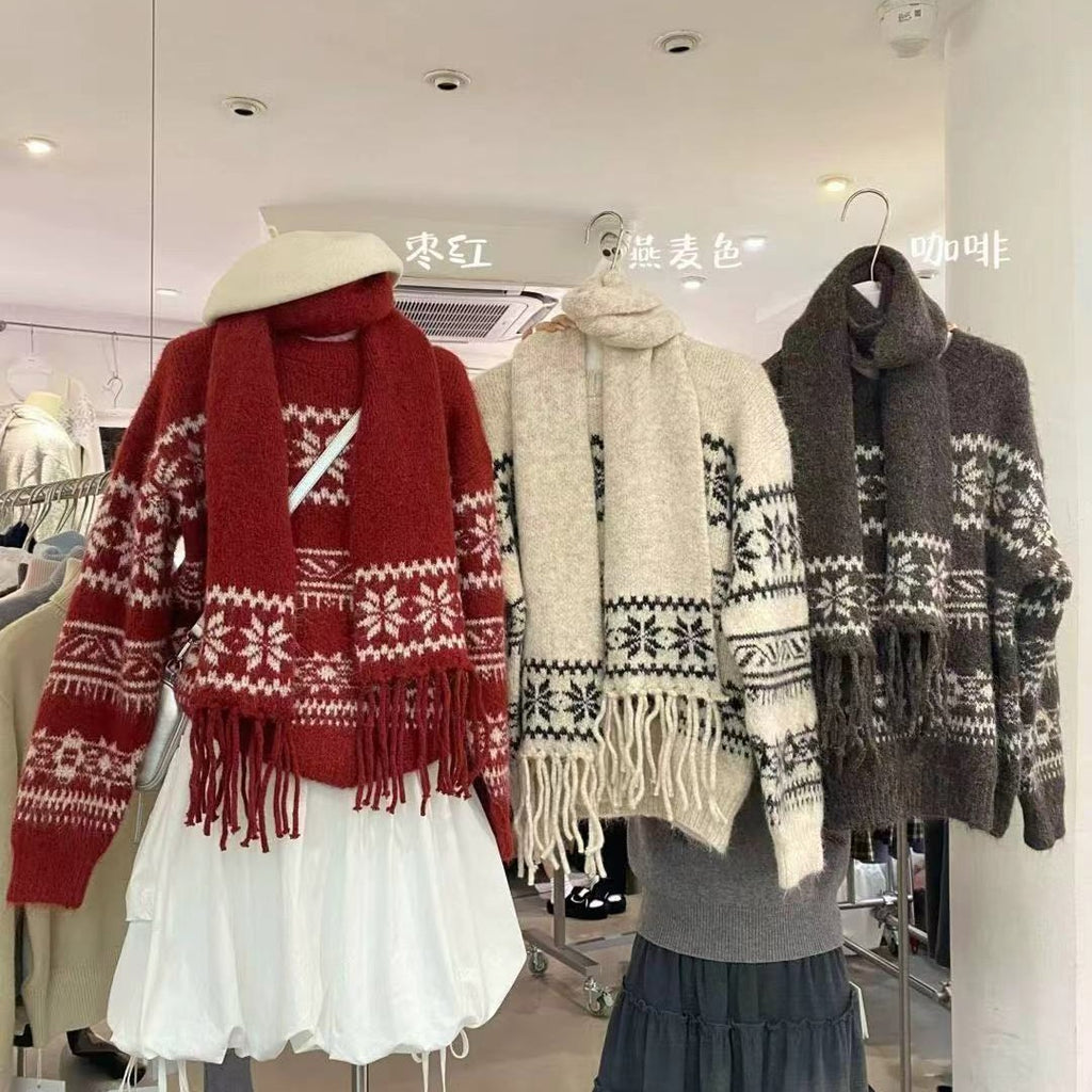 💕韓系圓領復古緹花拚色軟糯針織帶圍巾打底毛衣