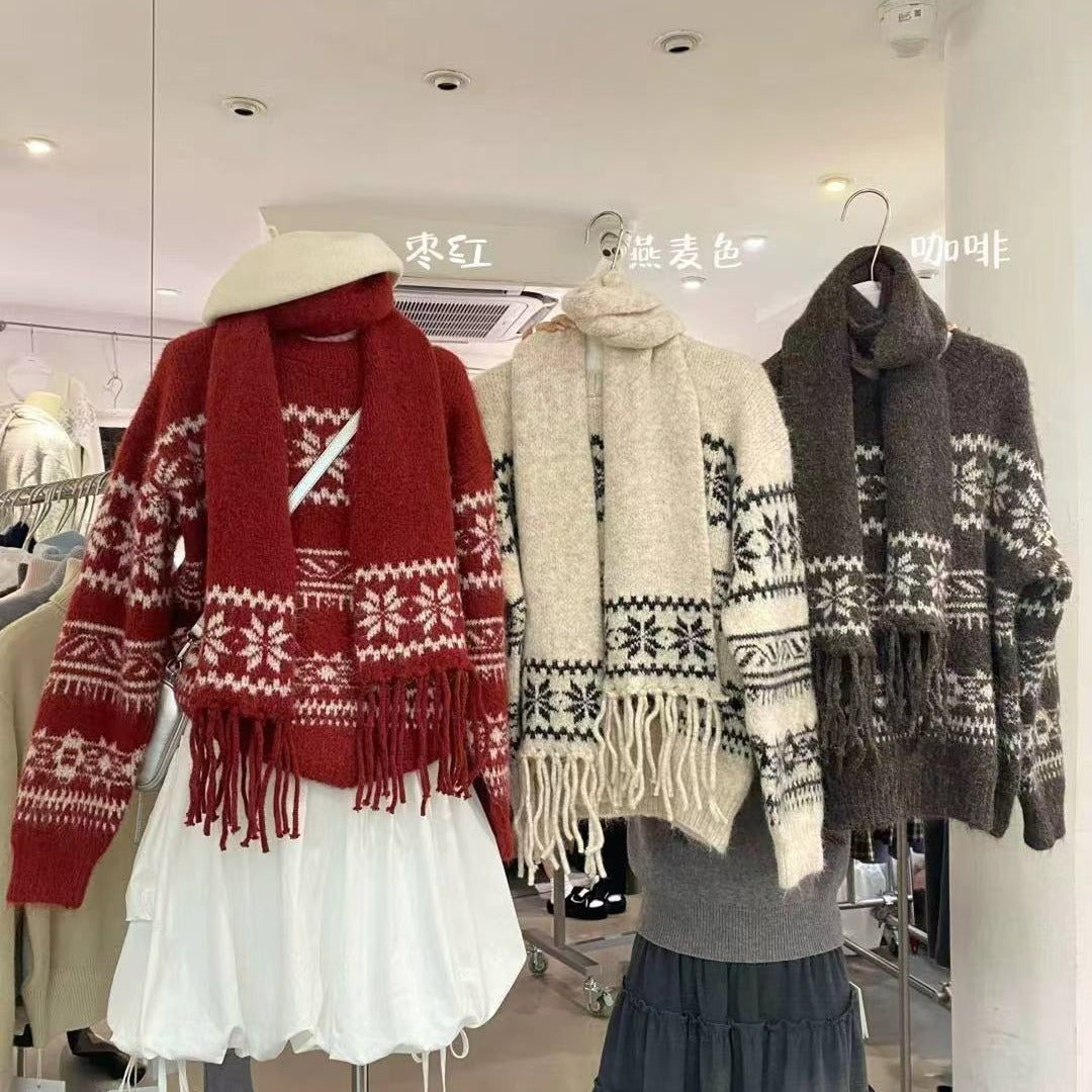 💕韓系圓領復古緹花拚色軟糯針織帶圍巾打底毛衣