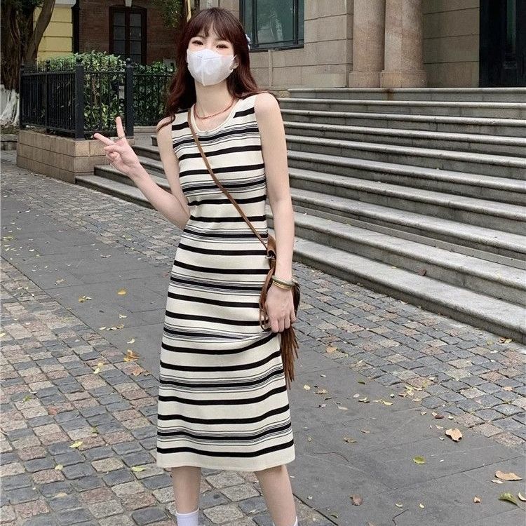💕韓系休閒條紋背心中長修身無袖連身裙
