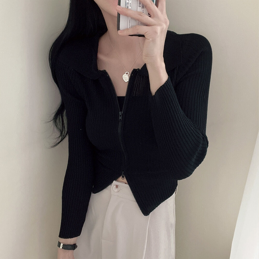 💕日系polo翻領雙拉鍊顯瘦長袖針織衫