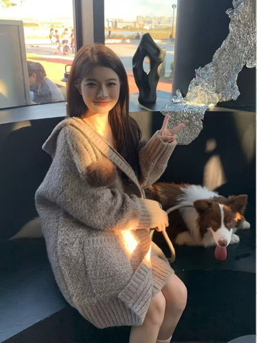 💕慵懶風灰色牛角扣連帽針織寬鬆顯瘦外套