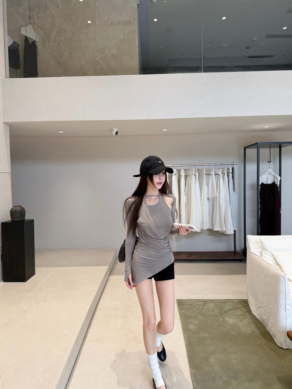 💕法式微透灰色不規則掛脖長袖上衣