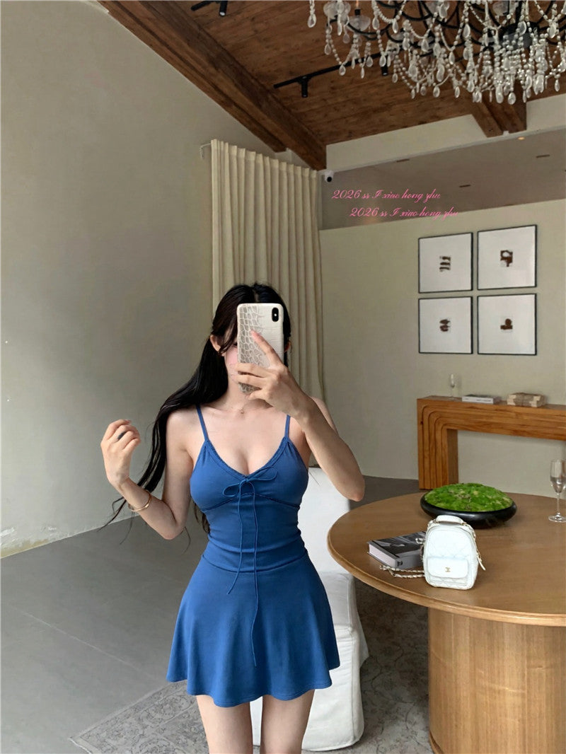 💕休閒氣質純色開衫收腰吊帶連衣裙兩件套
