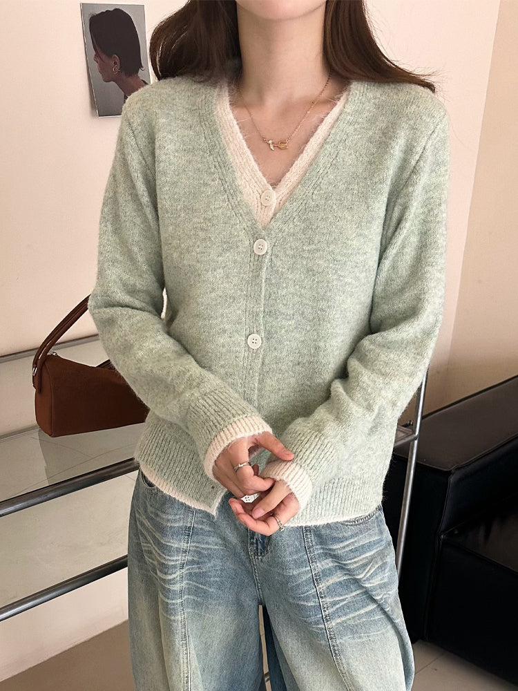 💕韓系簡約日常撞色假兩件針織開衫