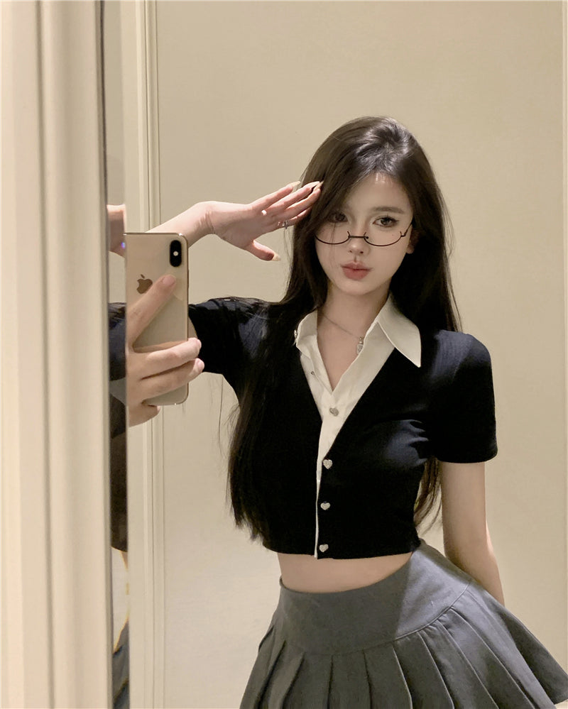 💕韓系氣質假兩件翻領修身短款針織衫