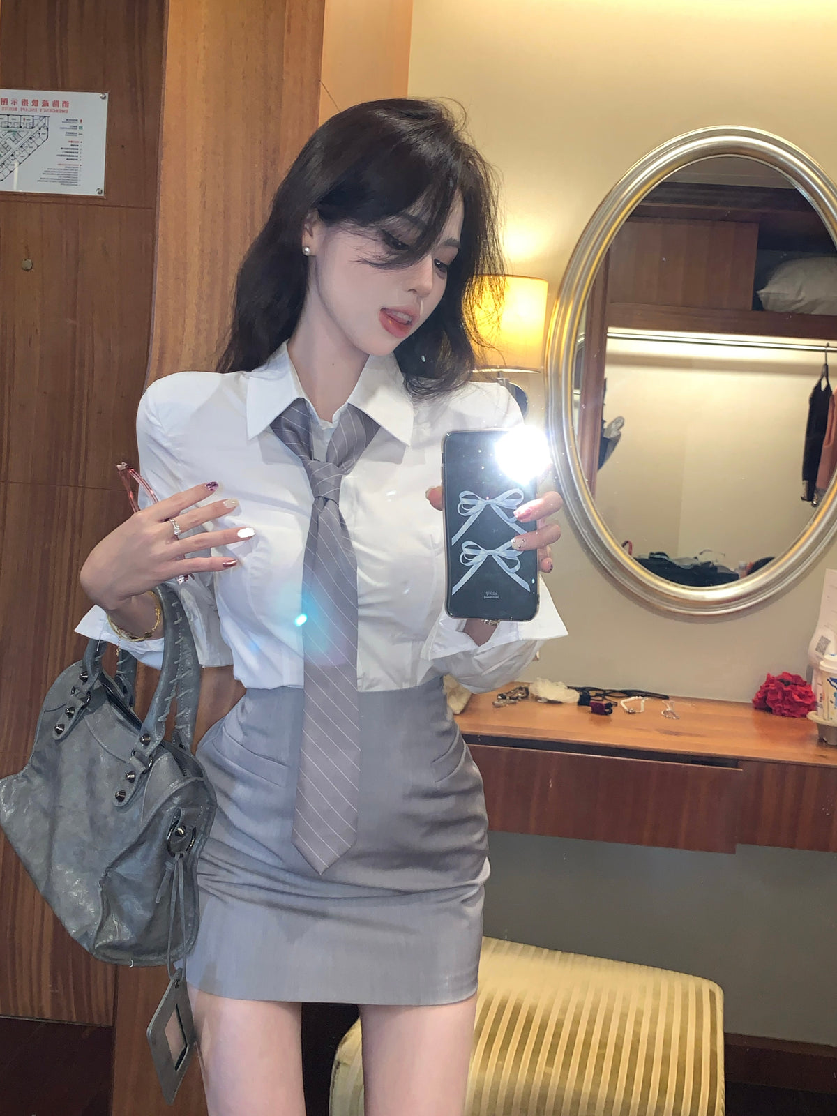💕韓版秘書款收腰帶領襯衫兩件套