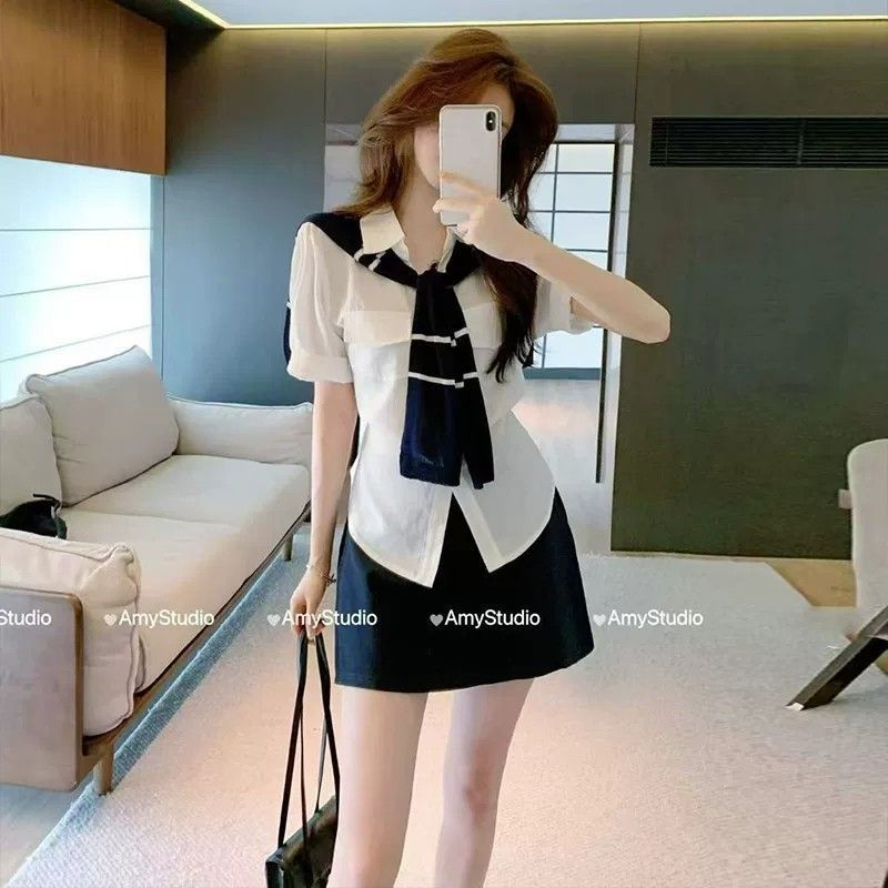 💕韓系辣妹時尚襯衫披肩減齡休閒三件套