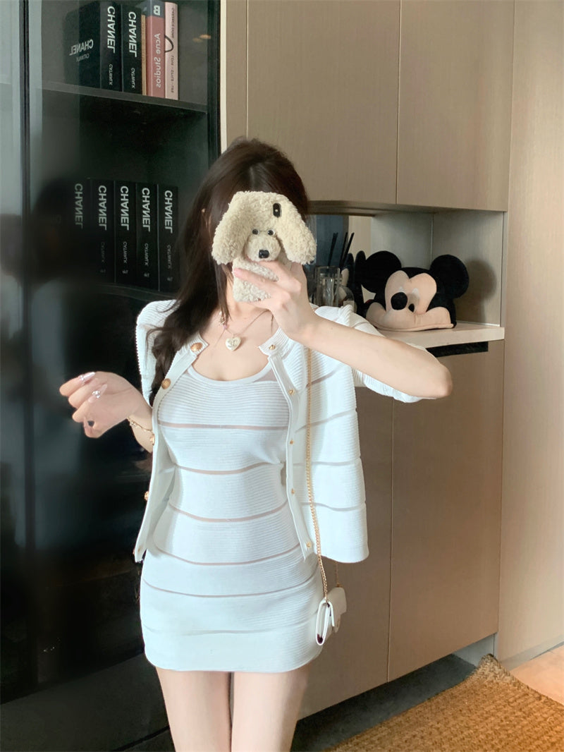 💕輕熟風拼接吊帶連衣裙外套套裝