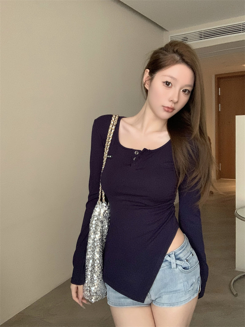 💕美式辣妹V領不規則顯瘦開衩上衣