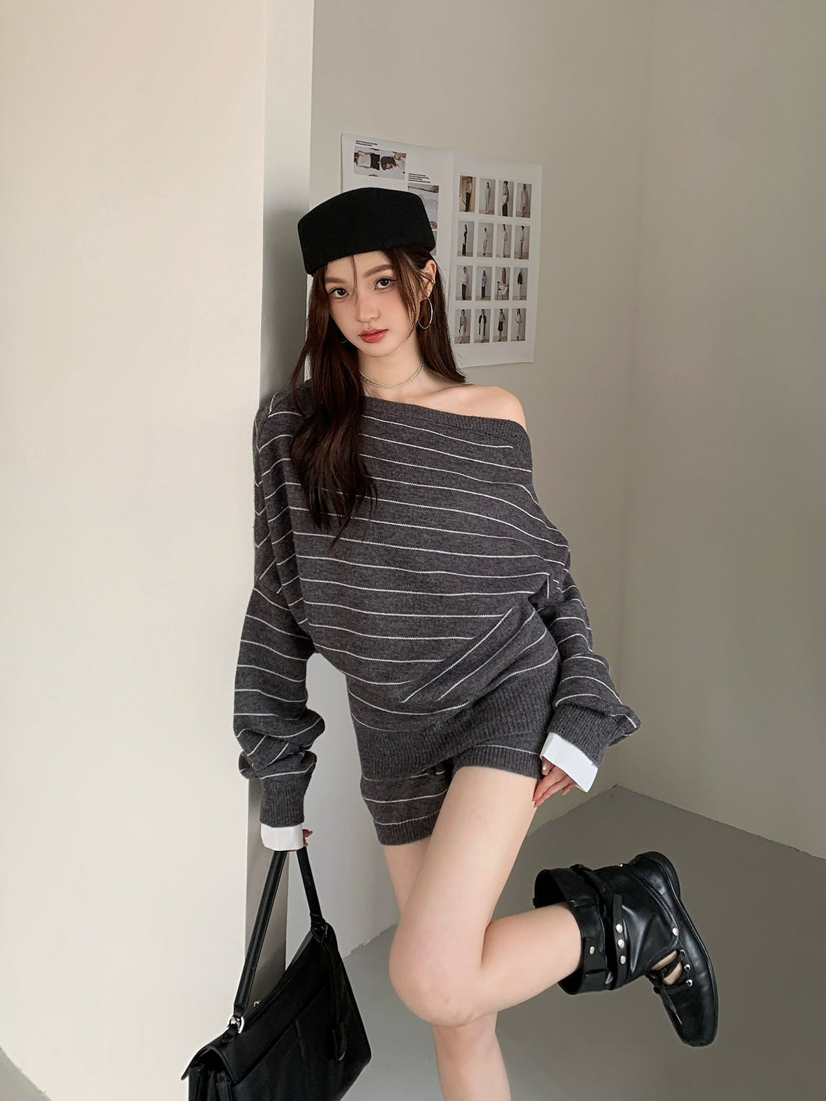 💕韓系斜肩針織寬鬆慵懶風兩件套