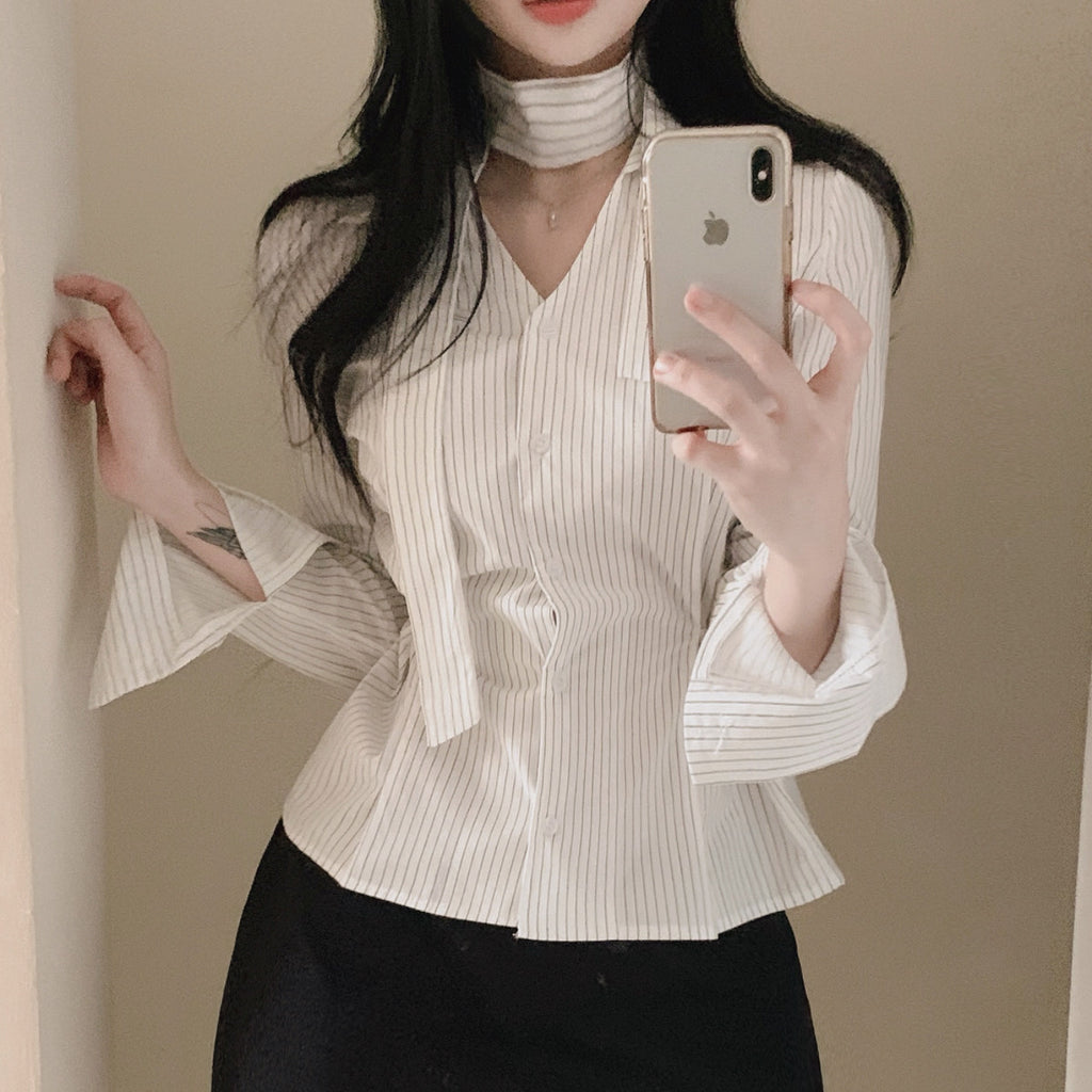 💕韓系小眾V領飄帶收腰百搭條紋上衣