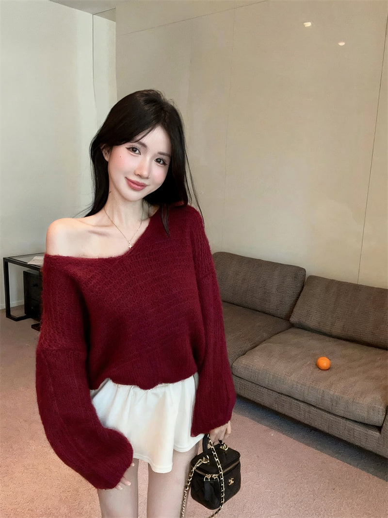 💕慵懶風V領長袖寬鬆毛衣鏤空衫