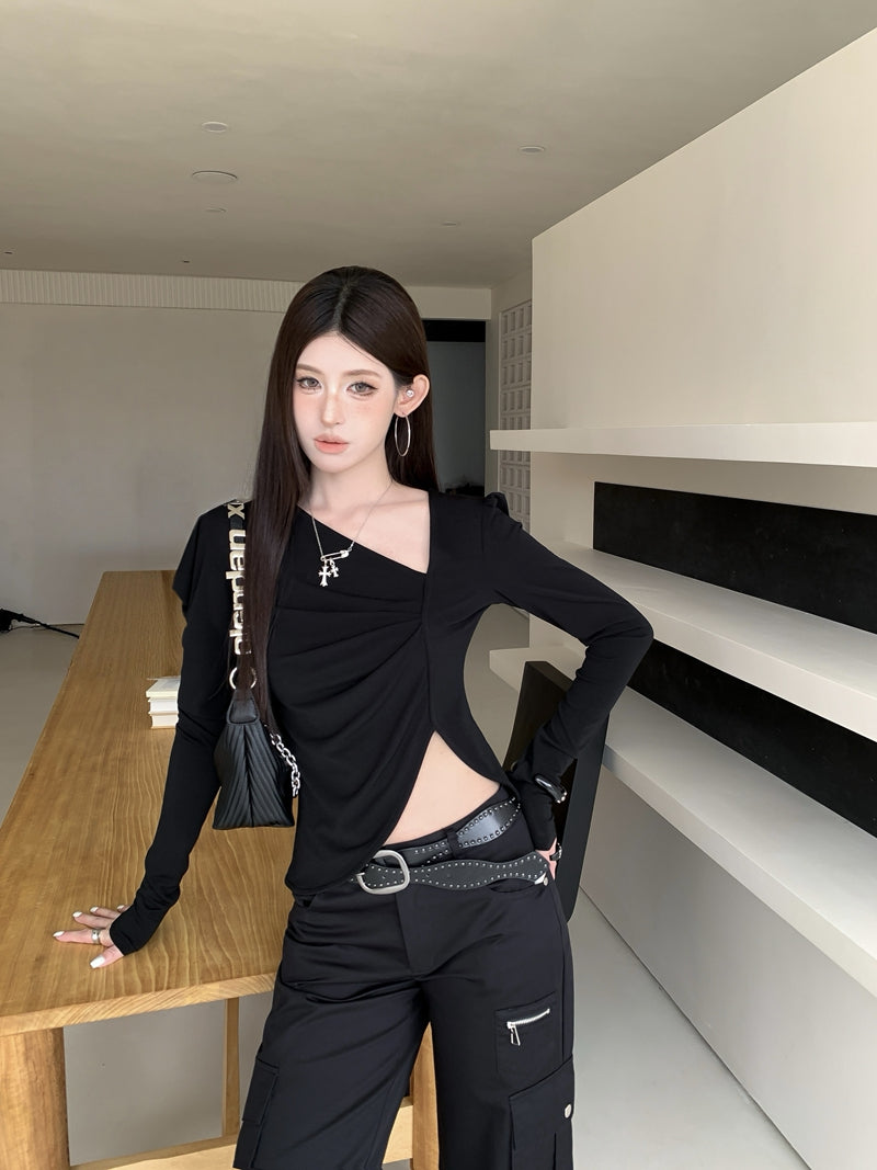 💕chic復古不規則斜領長袖短款不對襯上衣
