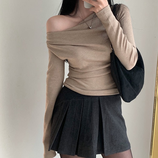 💕溫柔春秋純欲露肩+飄帶顯瘦法式上衣